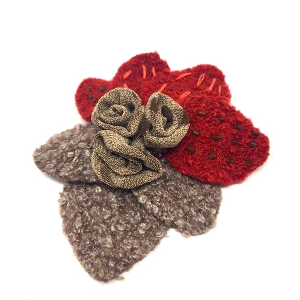 Rustic Handmade Fabric Beaded Red and Tan Strawberry Flower Pin Brooch